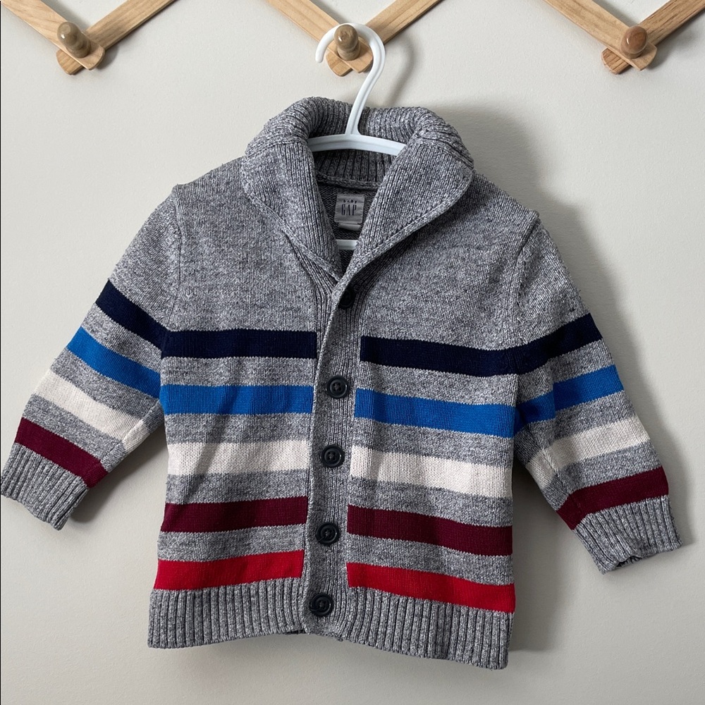 GAP Gray Striped Shawl Collar Cardigan with Blue & Red Accents, size 18-24 month
